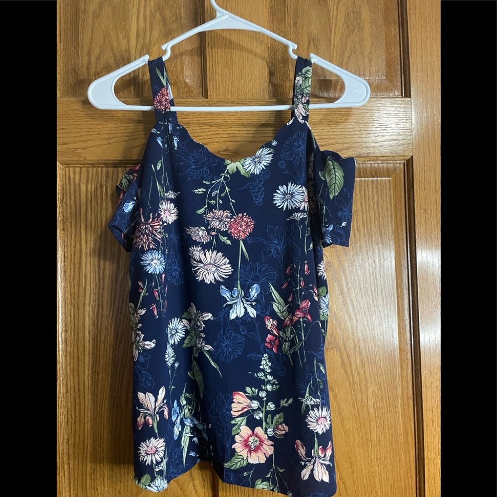 Navy Blue Scalloped Shoulder Top